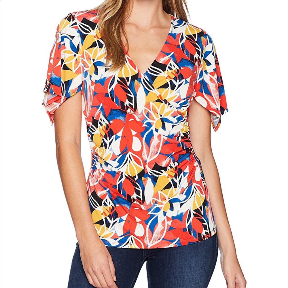 Flutter Sleeve Ruched Floral Faux Wrap Top